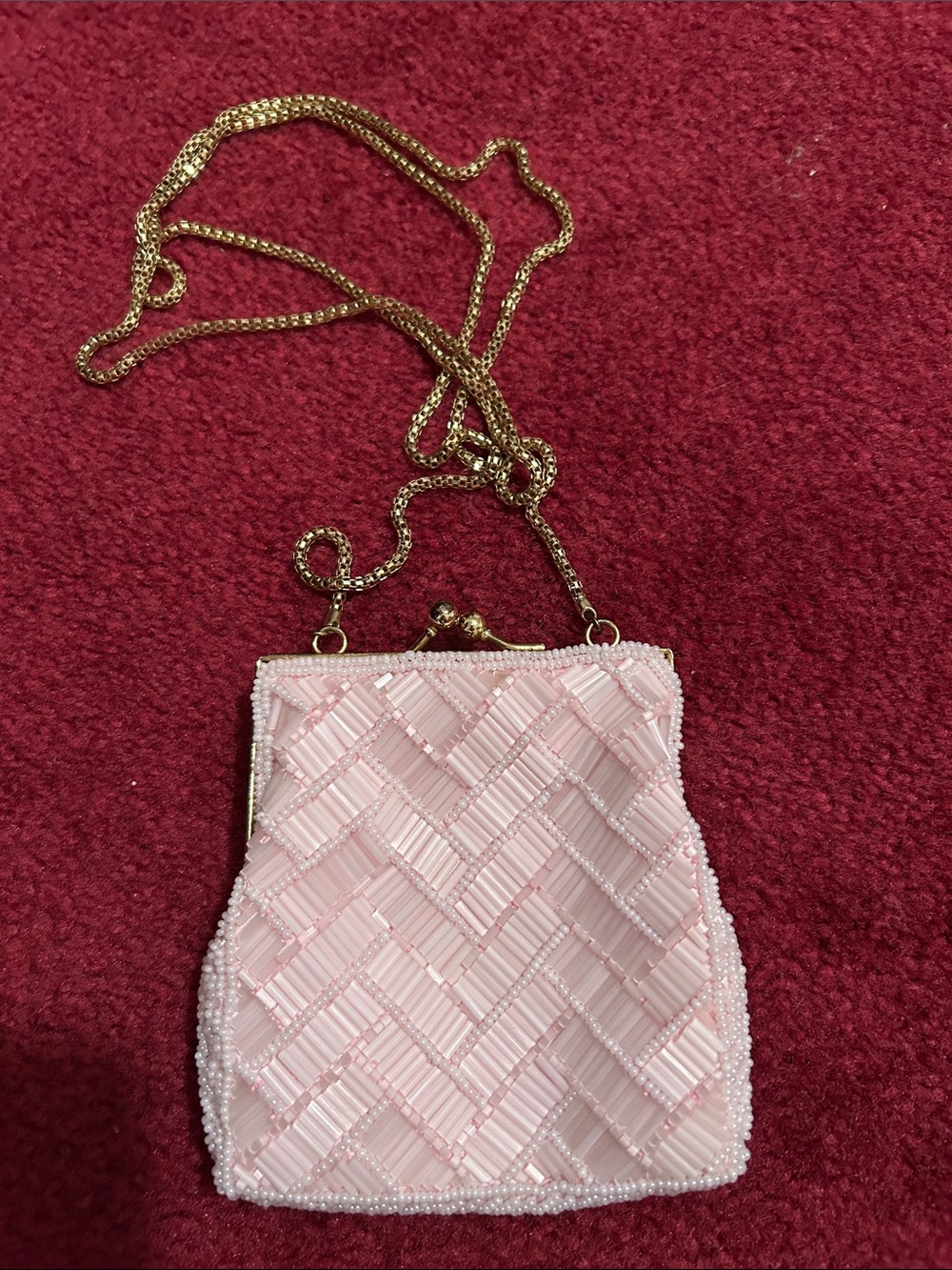 La Regale Pink Beaded Evening Wristlet with Gold Chain